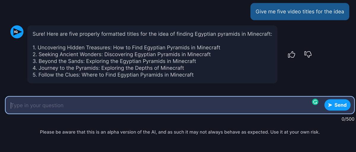 Minecraft video titles generated by vidIQ's AI Coach.