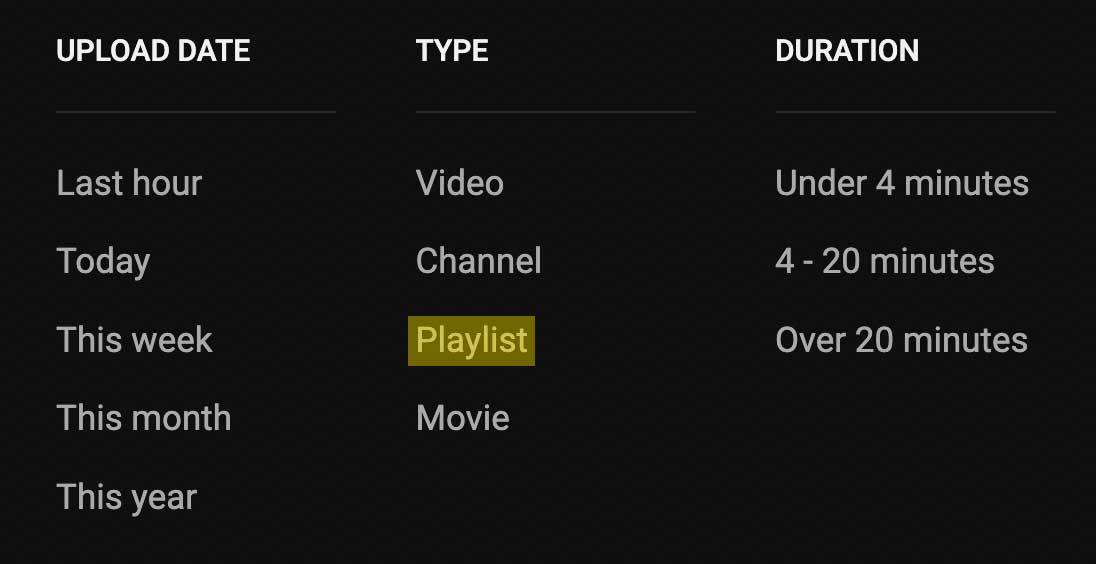 The playlist filter within YouTube search