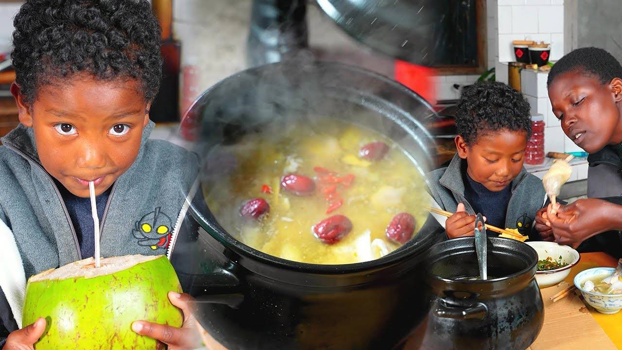 A family eating coconut chicken