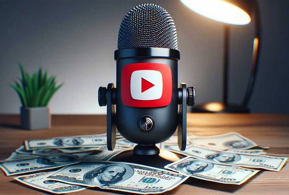 Podcast microphone with YouTube logo surrounded by hundred-dollar bills on wooden table
