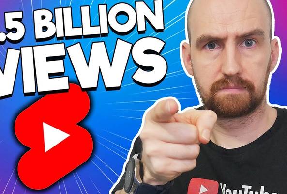 Man pointing with text "3.5 billion views" and YouTube Shorts icon on blue background