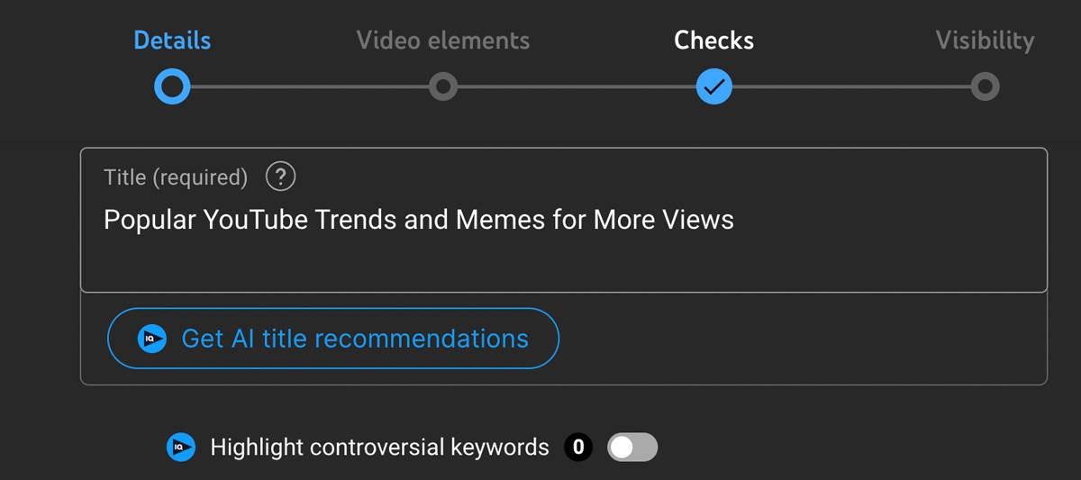 The phrase "popular youtube trends and memes for more videos" typed into the ai title generator