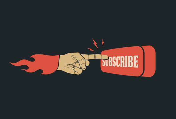 Flaming hand pressing a red subscribe button with electric sparks on dark background