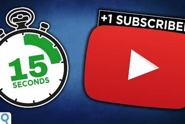 Stopwatch showing 15 seconds next to YouTube icon with +1 subscriber notification.