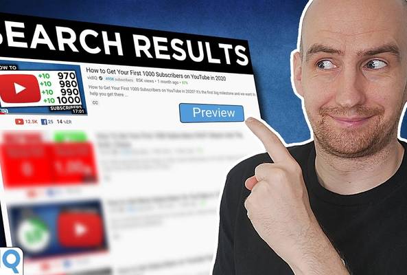 Man pointing at YouTube search results for gaining first 1000 subscribers video tutorial.