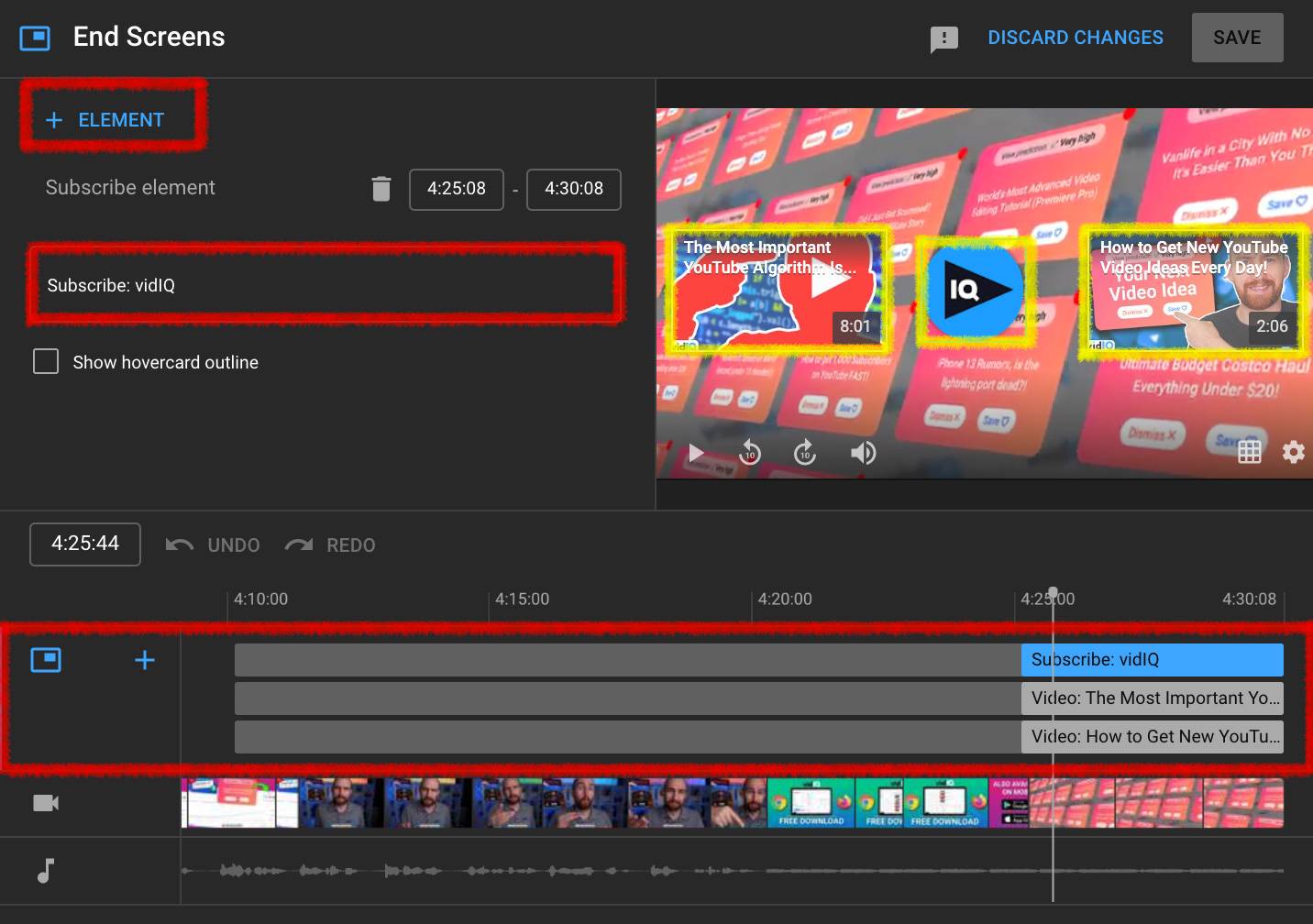 YouTube video editor interface showing end screen elements and timeline with subscription prompt
