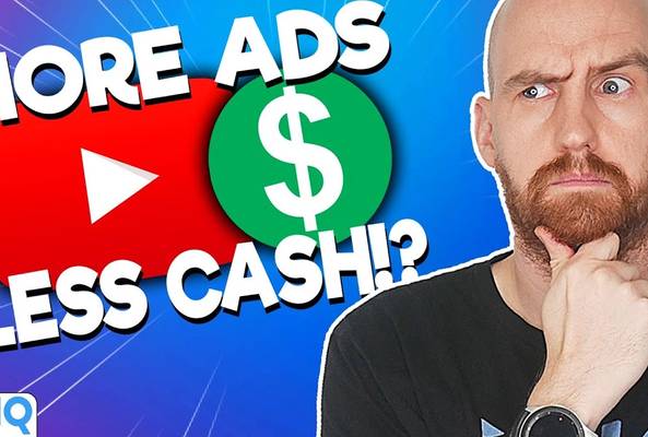Man thinking with YouTube and dollar icons and text "More Ads Less Cash?!" on blue background