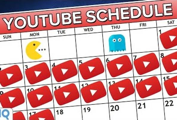 YouTube content posting schedule calendar with daily video upload icons and gaming characters.