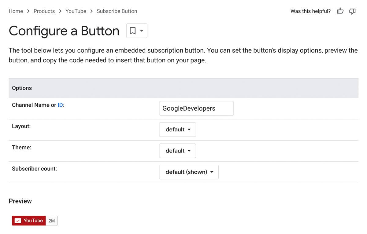 Configure a YouTube subscribe button page