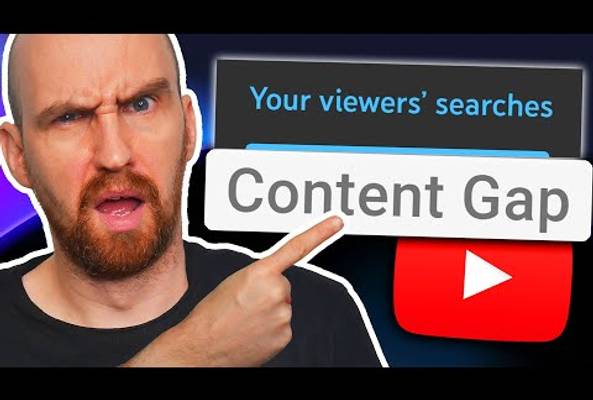 Man pointing at screen showing "Content Gap" and YouTube logo about viewer searches.