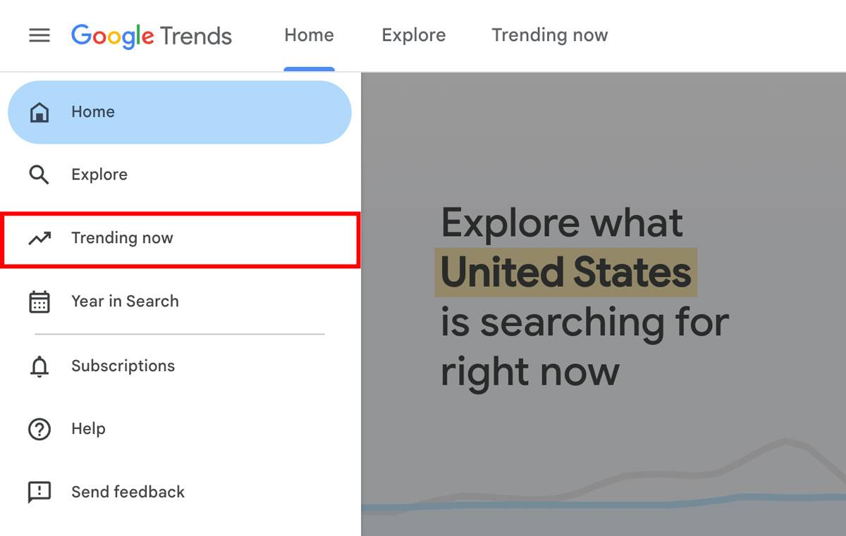 Trending now tab on Google Trends website