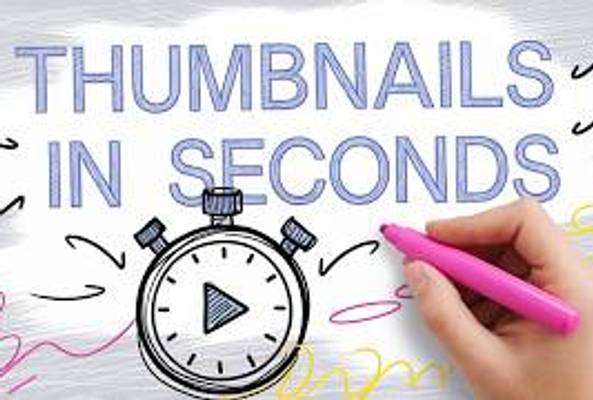 Hand drawing stopwatch and text "Thumbnails in Seconds" on whiteboard background