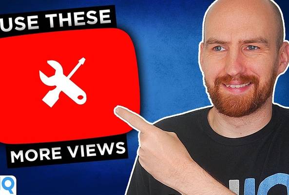 Man pointing to YouTube tools icon with text "Use these more views" on blue background