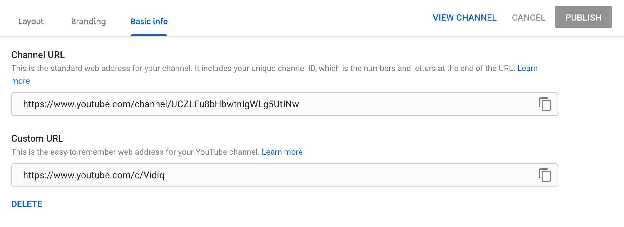 YouTube channel settings page showing channel URL and custom URL input fields.