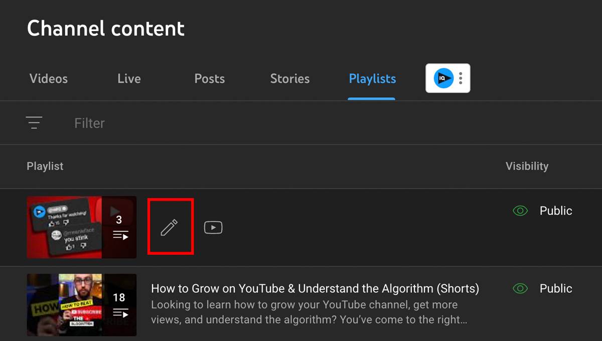 Editing a YouTube playlist by clicking the pencil icon