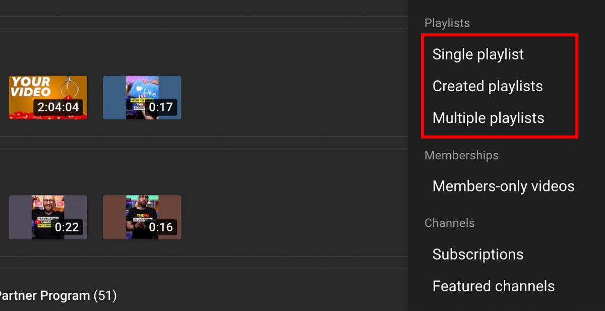 Choosing between single, created, or multiple playlist options for your channel page