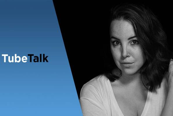 Black and white portrait of woman with TubeTalk logo on blue background, video podcast concept