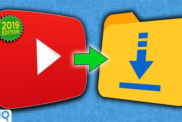 2019 edition YouTube video icon with arrow pointing to yellow download folder symbol.