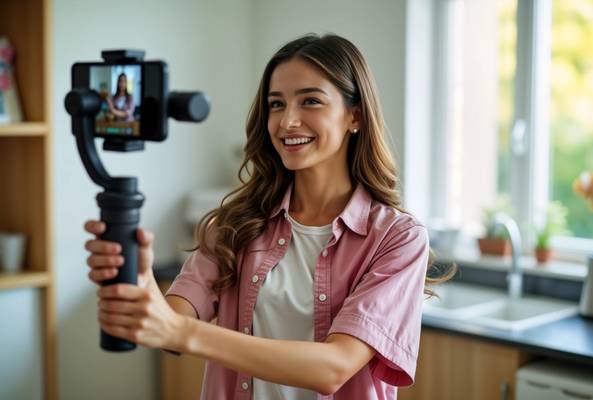Young woman recording vlog with smartphone on handheld stabilizer in bright kitchen