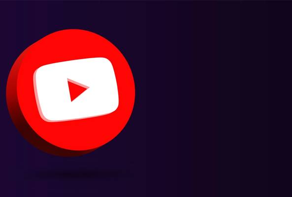 Red 3D YouTube play button icon on dark gradient background for video streaming.