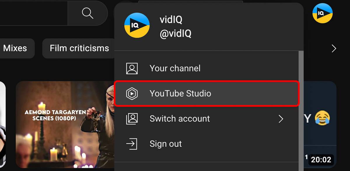 The YouTube studio option appears when you click your profile picture
