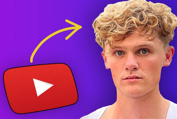 Young man with curly hair next to YouTube logo and yellow arrow on purple background