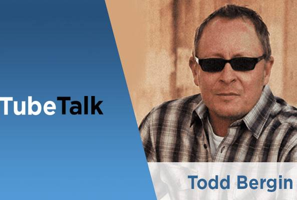 Todd Bergin featured in TubeTalk podcast with blue background and text overlay