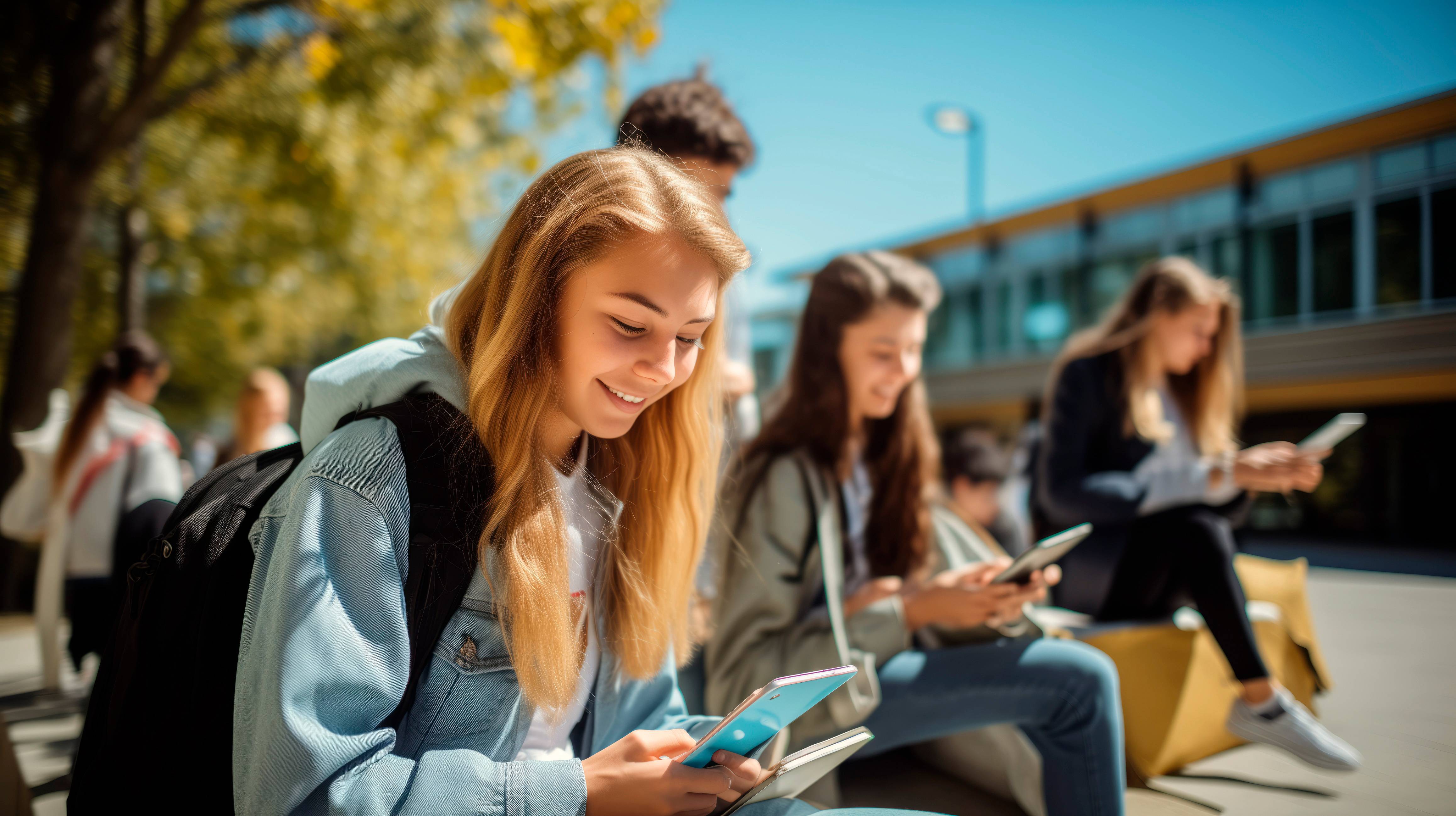 Woman looking happily at her phone