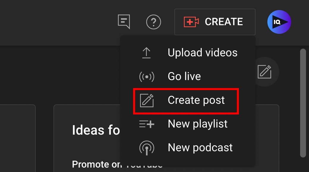 Creating a community post using the Create button on YouTube homepage