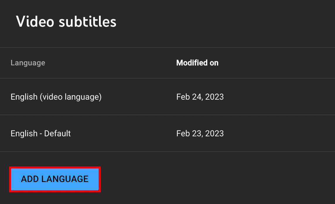 Add language button on video subtitles screen of the youtube studio