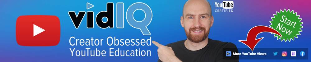 Man pointing at vidIQ logo promoting YouTube education and creator tools for growth