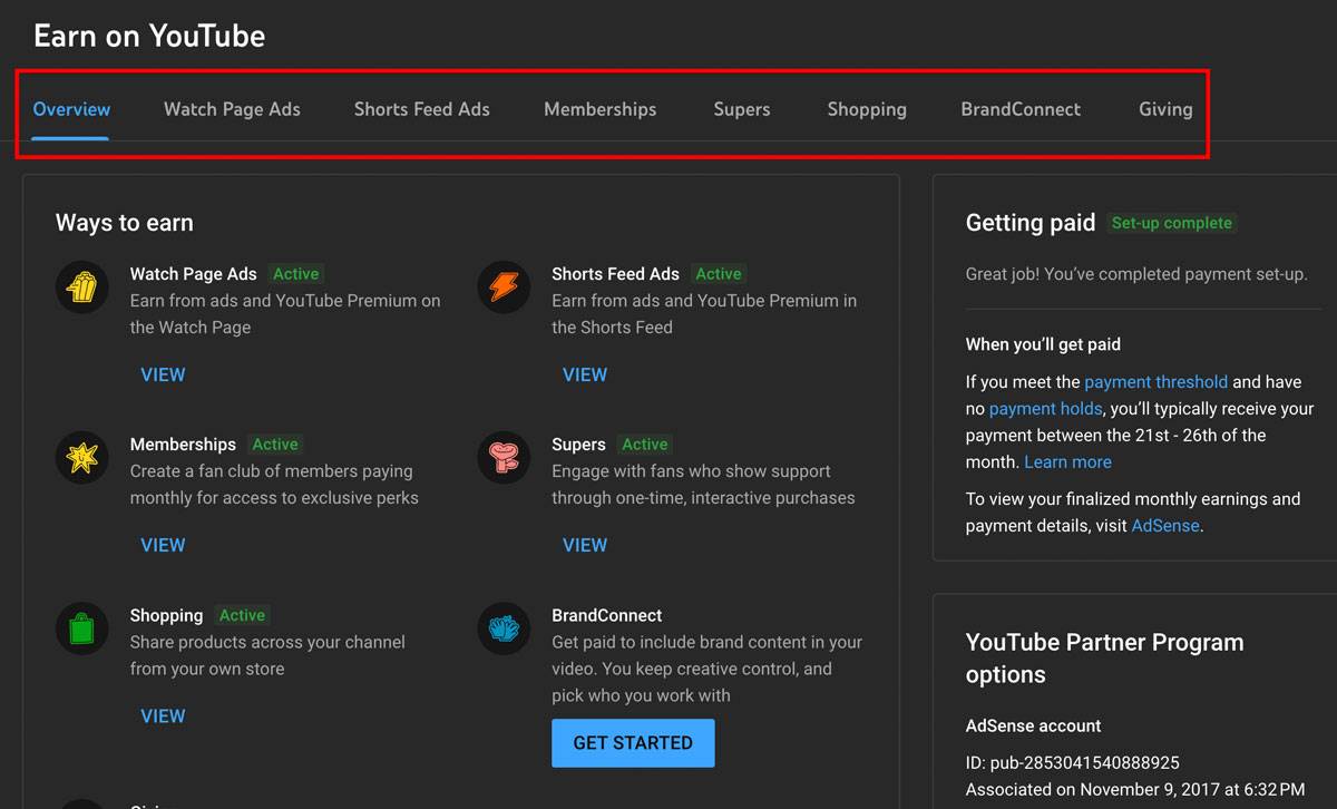 tabs on youtube earn page