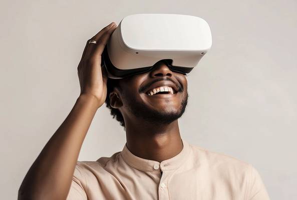 Man smiling while using a white virtual reality headset against a plain background
