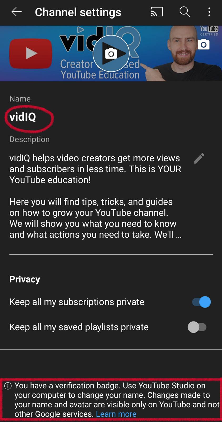 YouTube channel settings for vidIQ with privacy options and verification badge info.