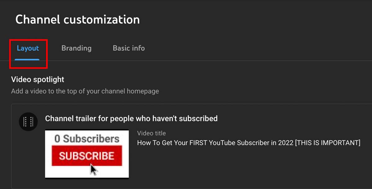 Selecting the Layout tab to customize your YouTube channel page