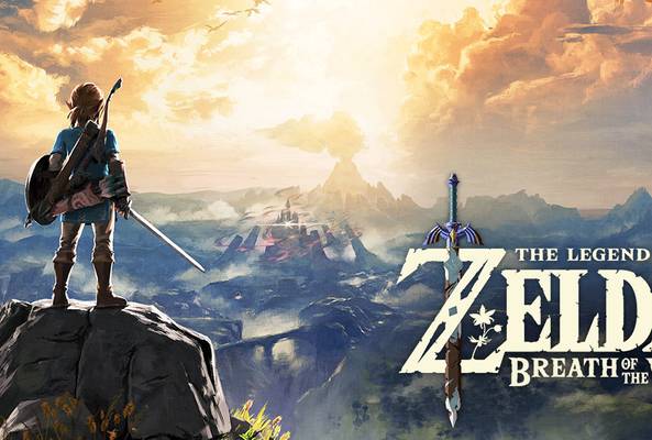 Link standing on rock overlooking vast landscape with Zelda Breath of the Wild logo