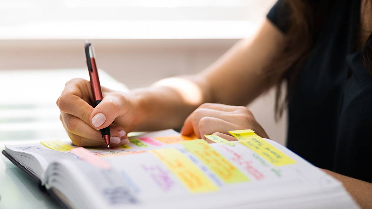 Woman planning content in a journal