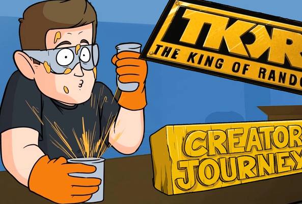 Cartoon of a man with safety glasses and gloves mixing chemicals for The King of Random creator journey.