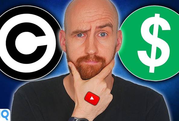 Man with YouTube icon between copyright and monetization dollar symbols, vidIQ logo.