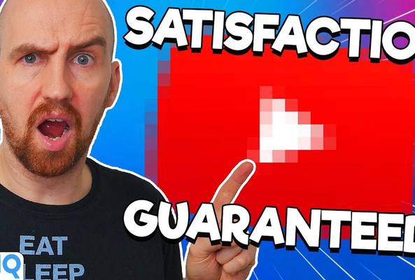 Man pointing at pixelated YouTube play button with satisfaction guaranteed text