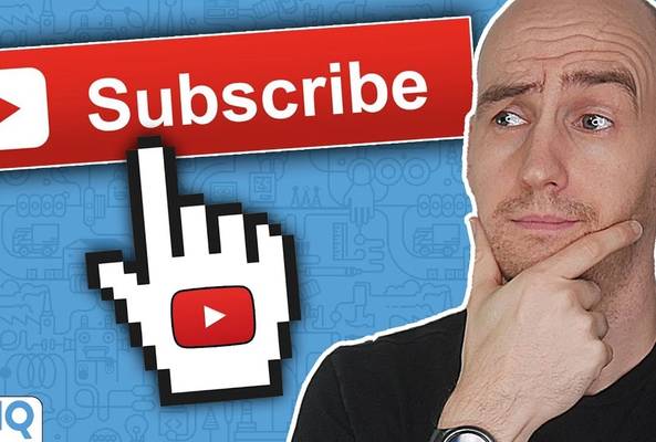 Man thinking with YouTube subscribe button and cursor icon on blue background.