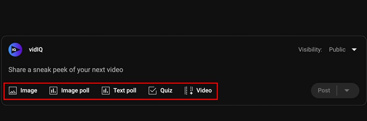 YouTube community post creation interface with text, poll, and media options