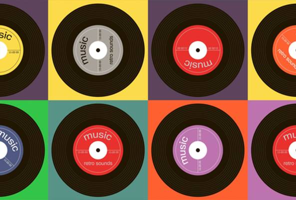 Eight colorful retro vinyl records with music labels on varied bright backgrounds