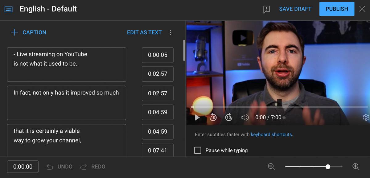 The caption editor in the YouTube Studio