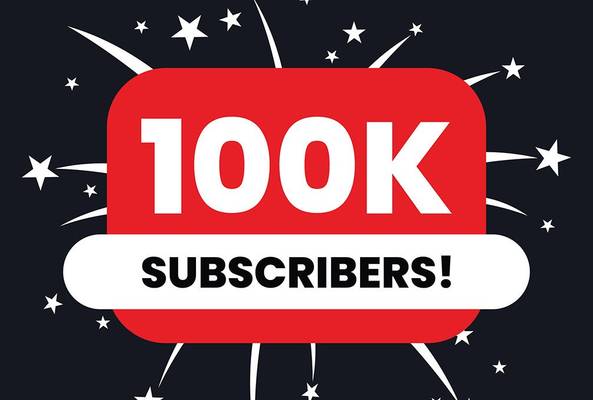 100K subscribers celebration badge with stars and fireworks on dark background