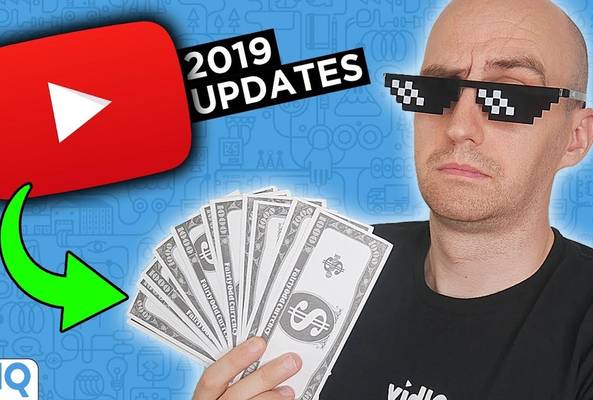 Man wearing pixelated sunglasses holding play money with YouTube 2019 updates icon.