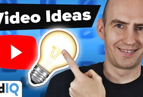 Man pointing at glowing light bulb next to YouTube icon and text "Video Ideas"