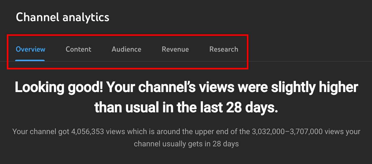 channel analytics tabs