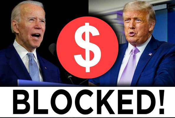 Joe Biden and Donald Trump with red blocked symbol and text "BLOCKED!"