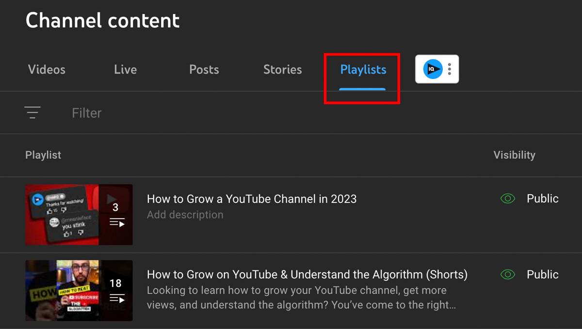 Selecting the Playlists tab in YouTube Studio to manage your collections